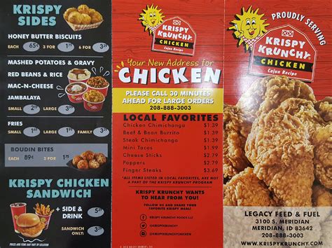 Krunchy chicken menu - KRISPY KRUNCHY CHICKEN® NUTRITIONAL INFORMATION. Effective: November 2023. 2,000 calories a day is used for general nutrition advice, but calorie needs vary. Note: Not all menu items are offered at all locations. 